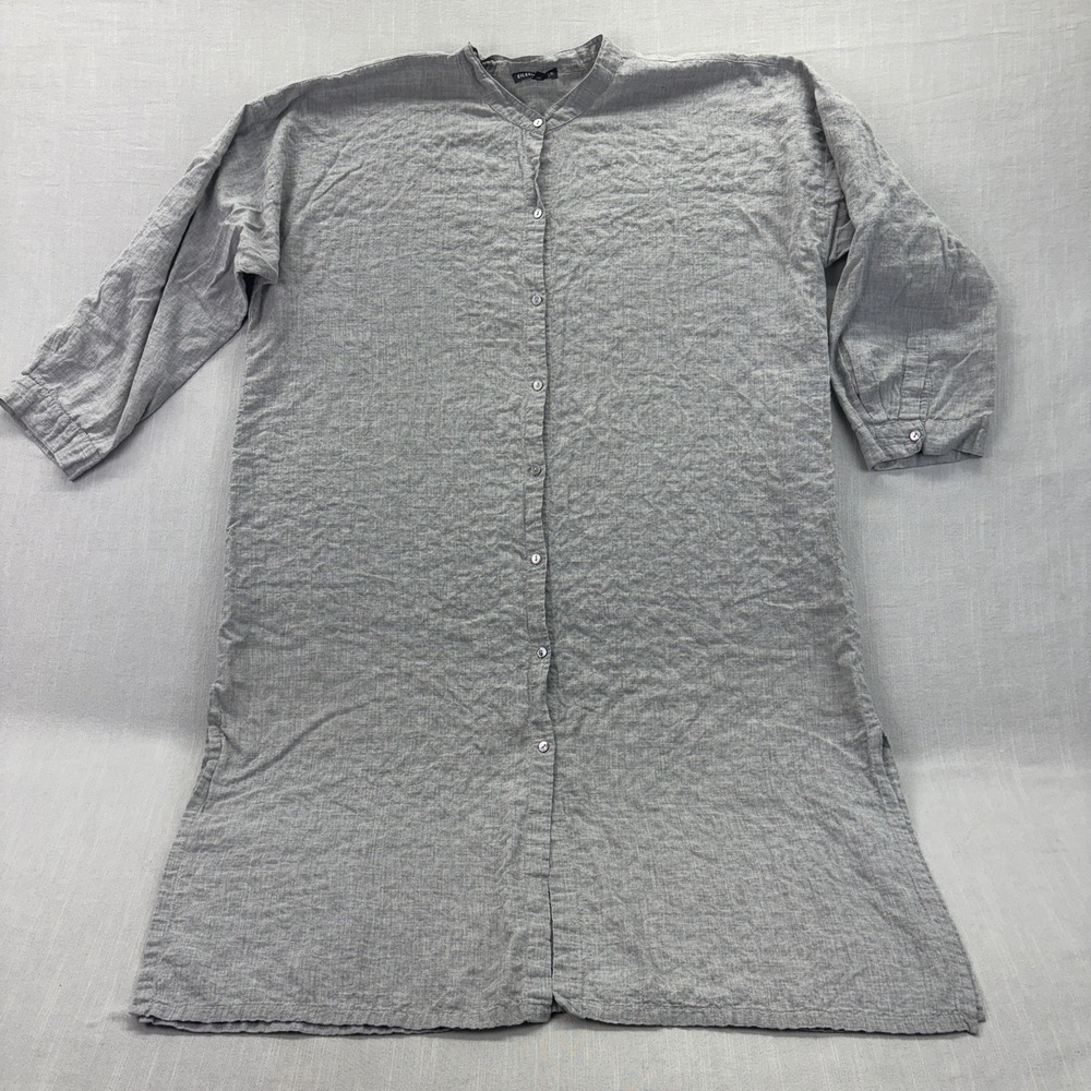 Eileen Fisher Organic Cotton Lyocell Shirt Dress Gray Large Front Tunic - Picture 1 of 11